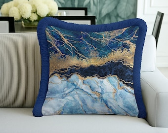 Blue Gold Marble Fringed Cushion Cover – Luxury Abstract Decor