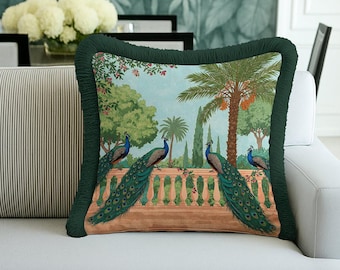 Peacock Garden Cushion Cover Tropical Bird Decorative Fringe Pillow