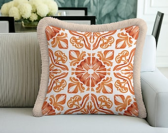 Orange Mediterranean Floral Tile Fringed Cushion Cover – Spanish Decor