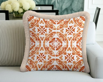 Orange Mediterranean Tile Pattern Fringed Cushion Cover – Coastal Boho Decor