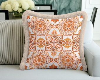 Orange Mediterranean Mosaic Fringed Cushion Cover – Spanish Tile Decor