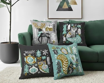 Scandinavian Forest Cushion Cover | Winter Illustration Pillow | Cozy Home Decor