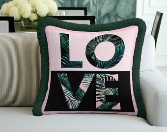 Pink Tropical LOVE Fringed Cushion Cover – Modern Botanical Decor