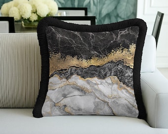 Black Gold Marble Fringed Cushion Cover – Luxury Abstract Decor