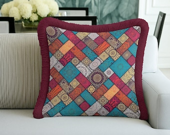 Colorful Mandala Patchwork Style Fringed Cushion Cover – Boho Eclectic Decor