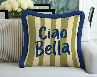 Green Striped Fringed Cushion Cover – Ciao Bella Italian Coastal Decor