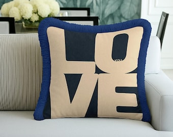 Blue Love Typography Fringed Cushion Cover – Modern Romantic Decor