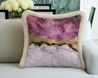 Purple Gold Marble Fringed Cushion Cover – Luxury Abstract Decor