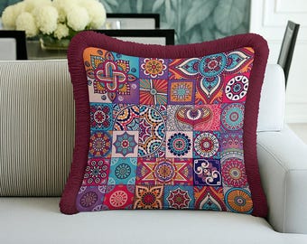 Colorful Mandala Patchwork Style Fringed Cushion Cover – Boho Eclectic Decor