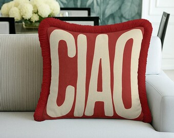 Red Ciao Typography Fringed Cushion Cover – Retro Italian Decor