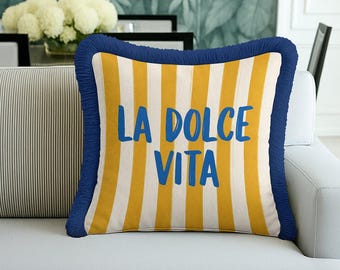 Yellow Striped Fringed Cushion Cover – La Dolce Vita Coastal Decor