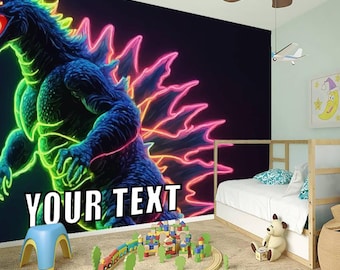 Neon Monster Custom Text Wall Mural, Monster Wall Art, Glowing Monster Wallpaper, Boy Room Decor, Alternative Retro Mural
