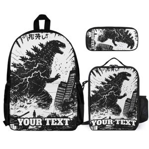 Comic Dinosaur Backpack Set, Personalized School Bag with Lunch Case & Pencil Pouch, Custom Black White Monster Print, Kids Gift Set