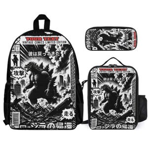 May include: A black and white backpack, lunch bag, and pencil case set featuring a graphic print of a monster in a city, with the text "YOUR TEXT VINTAGE COMICS LIMITED EDITION" and Japanese characters. The design includes a comic book layout.