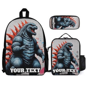 Graffiti Dinosaur Backpack Set, Personalized School Bag with Lunch Case & Pencil Pouch, Custom Monster Art Print, Kids Back to School Gift