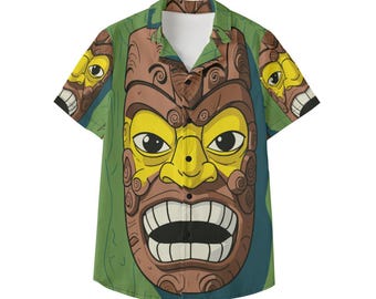 Boy's Button Down Shirt Tiki Mask Personalized Text Gift