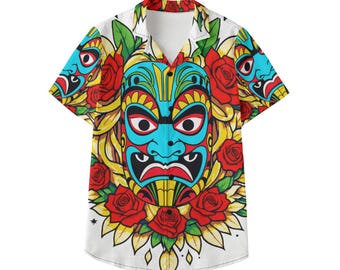 Camiseta de manga larga para niño con diseño de máscara tiki y texto personalizado.