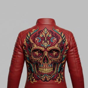 Custom Hand-Embroidered Red Leather Biker Jacket - Unique Floral Skull Design - Women’s Artisan Outerwear