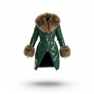 May include: An emerald green puffer coat with a fur collar and cuffs. The coat has a belt at the waist and a diagonal zip. The coat is designed with a quilted pattern. The coat's length is approximately 130 cm.