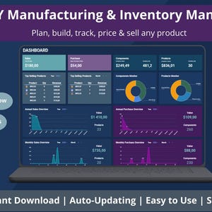 May include: A laptop screen displays a dashboard for a DIY manufacturing and inventory manager. The interface includes charts, graphs, and data tables. Text on the screen reads "Plan, build, track, price & sell any product." Additional text includes "Instant Download | Auto-Updating | Easy to Use | Smart."