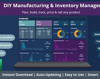 Dashboard dell'inventario di produzione fai da te / COGS, BOM e prezzi (Fogli Google / Excel) (download digitale)