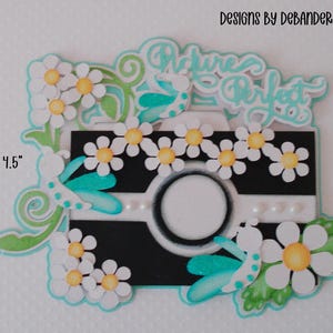 May include: A layered paper craft die-cut featuring a black camera with white daisies, teal dragonflies, and the text "Picture Perfect". The design measures 6 inches by 4.5 inches. The text "DESIGNS BY DEBANDERSON651" and "JUL2026(06)" are visible.