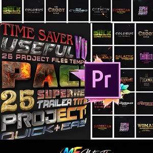 Puede incluir: Gráfico promocional para Adobe Premiere Pro con plantillas de títulos. La imagen muestra una cuadrícula de diseños de títulos con texto como "Time Saver", "Superwe" y "Project". El logotipo de Motion Flux está en la parte inferior.