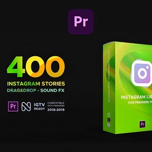 May include: A green box with the text "INSTAGRAM LIBRARY FOR PREMIERE PRO" and an Instagram logo. The box is next to text that reads "400 INSTAGRAM STORIES DRAG & DROP - SOUND FX". The image also includes the "Pr" logo.