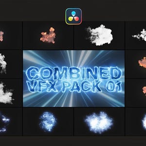 Puede incluir: Un gráfico digital que presenta una colección de efectos visuales (VFX). El texto central dice "COMBINED VFX PACK 01" en una fuente azul brillante. Se muestran varios efectos, incluyendo humo y explosiones de energía, sobre un fondo oscuro.