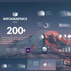 Pode incluir: Um pacote de design gráfico digital com o texto "INFOGRAPHICS Pack 200+". A imagem apresenta vários modelos de infográficos, gráficos e diagramas, com um fundo de paisagem montanhosa. Inclui modelos 4K e HD.