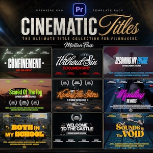 May include: A promotional graphic for a Premiere Pro template pack featuring cinematic titles. The design includes various title examples like "Confinement" and "Without Sin," with a dark background and the "Pr" logo.