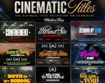 May include: A promotional graphic for a Premiere Pro template pack featuring cinematic titles. The design includes various title examples like "Confinement" and "Without Sin," with a dark background and the "Pr" logo.