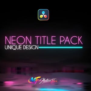 Puede incluir: Gráfico digital con las palabras "NEON TITLE PACK" en neón rosa, con "UNIQUE DESIGN" debajo. Una línea turquesa subraya el texto. La imagen tiene un fondo oscuro con un logotipo colorido y las palabras "MF Motion Flux".