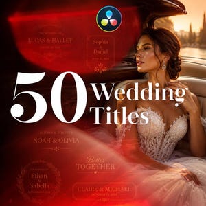 Peut inclure: Une mariée en robe blanche est assise dans une voiture ancienne. L'image présente le texte "50 Wedding Titles" et des exemples de titres de mariage avec noms et dates. Le thème est les mariages et le mariage.