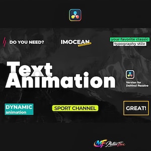 May include: A promotional graphic with the words "Text Animation" in large white letters. Additional text includes "Do You Need?", "IMOCEAN", "Dynamic Animation", "Sport Channel", and "Great!". The background is a dark gray with a mountain range.