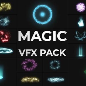 Puede incluir: Una cuadrícula de efectos visuales brillantes sobre un fondo negro. La imagen presenta varias formas y colores, incluyendo azul, verde, rojo y amarillo. El texto "MAGIC VFX PACK" se muestra prominentemente en blanco.