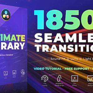 Puede incluir: Una caja de producto con el texto "ULTIMATE LIBRARY" y "1850+ SEAMLESS TRANSITIONS" en un diseño vibrante. La caja es morada con acentos azules y verdes, e incluye iconos y las palabras "Sound FX", "LUTS" y "Light Leaks".