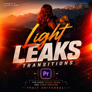 May include: A digital graphic for cinematic light leaks transitions featuring a person with long red hair holding a camera against a sunset mountain backdrop. The text reads Light Leaks Transitions, Pr, and For Every Social Media And Video Creation.