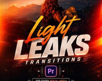 May include: A digital graphic for cinematic light leaks transitions featuring a person with long red hair holding a camera against a sunset mountain backdrop. The text reads Light Leaks Transitions, Pr, and For Every Social Media And Video Creation.