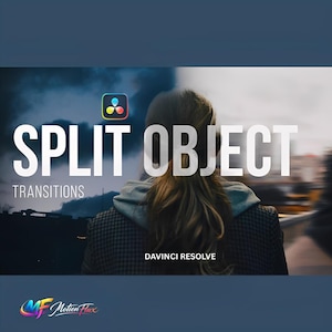 May include: Image promoting video editing transitions. The words "SPLIT OBJECT" are in large white letters. Below, the word "TRANSITIONS" is in smaller white letters. The DaVinci Resolve logo is visible, along with the text "DAVINCI RESOLVE".