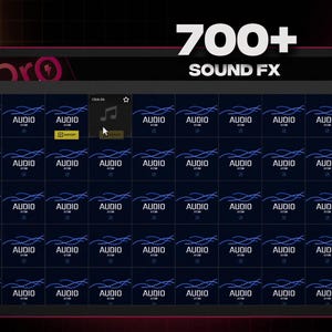 May include: A digital interface displaying a library of sound effects. The interface is dark with a grid of audio files, each labeled "AUDIO." The text "700+ SOUND FX" is prominently displayed at the top, with a musical note icon.