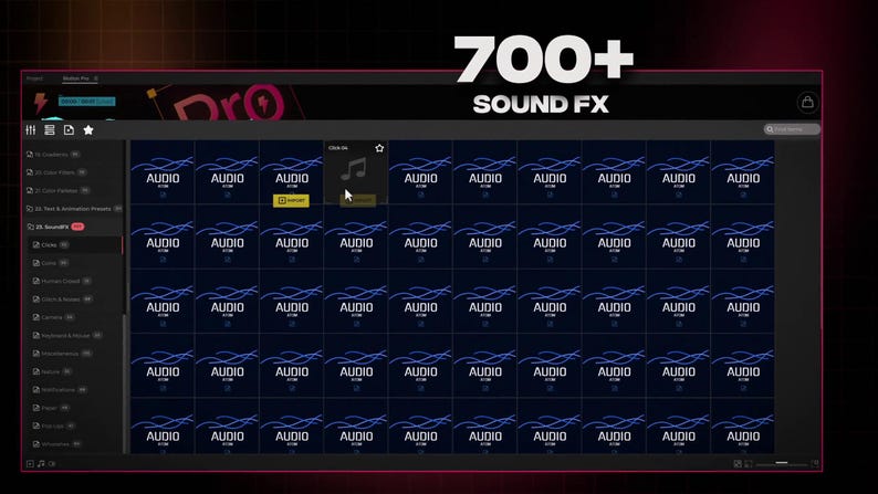 May include: A digital interface displaying a library of sound effects. The interface is dark with a grid of audio files, each labeled "AUDIO." The text "700+ SOUND FX" is prominently displayed at the top, with a musical note icon.