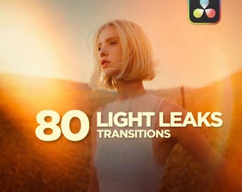 May include: Image featuring a woman with blonde hair in a field at sunset. The text "80 LIGHT LEAKS TRANSITIONS" is displayed in large, bold font. A colorful logo is in the upper right corner. The overall aesthetic is warm and cinematic.