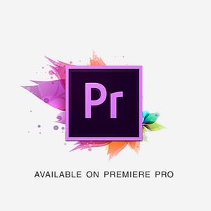 May include: A graphic featuring the Premiere Pro logo, a purple square with "Pr" in white, set against a colorful abstract background. The text "AVAILABLE ON PREMIERE PRO" is below the logo.