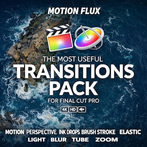 Könnte beinhalten: Werbebild für das Motion Flux Übergangspaket für Final Cut Pro. Das Bild zeigt eine Filmklappe und eine farbenfrohe Grafik eines sich drehenden Rades. Der Text enthält "The Most Useful Transitions Pack" und Übergangstypen wie "Motion" und "Zoom".