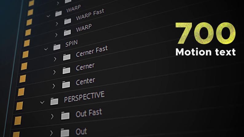 May include: A dark screen showing a list of options, including WARP, SPIN, and PERSPECTIVE. The text "700 Motion text" is in the upper right corner. The interface has a modern, digital design.