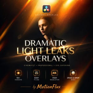 Puede incluir: Imagen promocional de "Dramatic Light Leaks Overlays" con una mujer y efectos de luz dorada. El texto indica 50+ overlays, fácil de usar, alta resolución y arrastrar y soltar. El logotipo de DaVinci Resolve es visible.