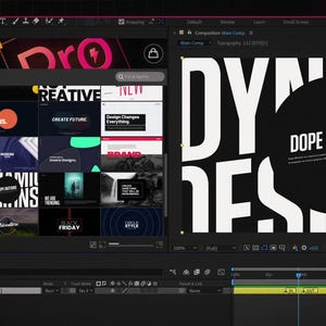 May include: A computer screen displaying a video editing software interface. The interface features a "Pro Motion Graphics Pack" with various design templates. The right side shows a black and white graphic with the text "DOPE MOTIONS".