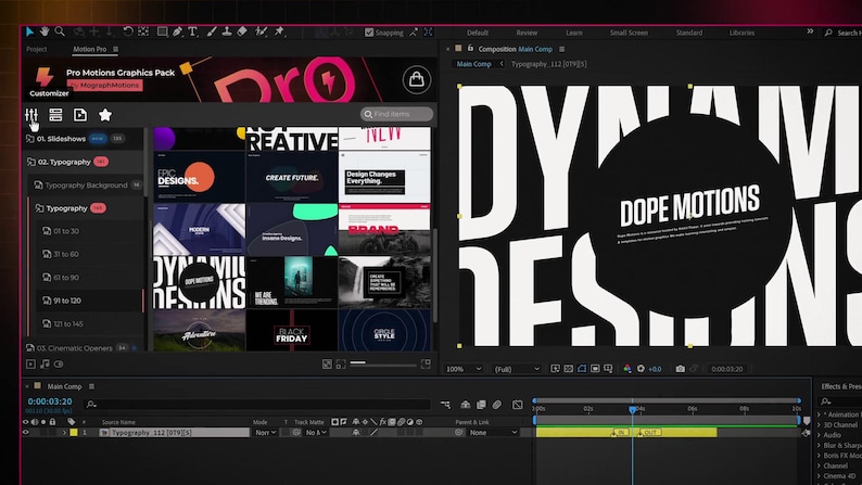 May include: A computer screen displaying a video editing software interface. The interface features a "Pro Motion Graphics Pack" with various design templates. The right side shows a black and white graphic with the text "DOPE MOTIONS".