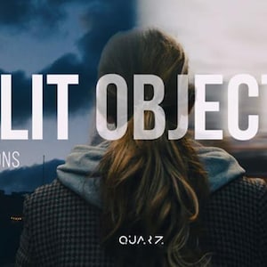 Puede incluir: La imagen presenta el texto "SPLIT OBJECT" y "TRANSITIONS" en blanco, superpuesto sobre un fondo borroso de una persona y un paisaje urbano. La persona lleva una chaqueta y una sudadera con capucha. El logotipo "QUARZ." est&aacute; en la parte inferior.